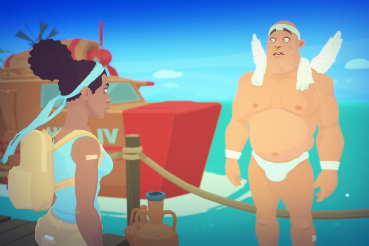 A screenshot of Alex and Hermes speaking in Mythwrecked: Ambrosia Island.