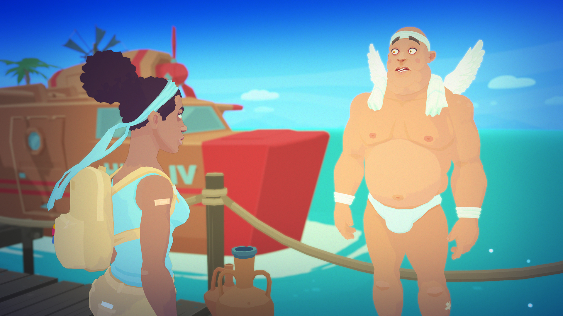 A screenshot of Alex and Hermes speaking in Mythwrecked: Ambrosia Island.