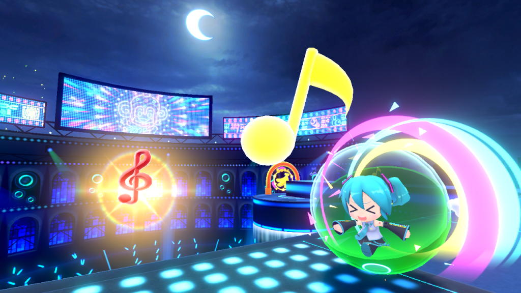 A screenshot from the Hatsune Miku character DLC for Super Monkey Ball Banana Rumble. She is in a ball, collecting music notes instead of bananas. It is night, with a moon visible in the sky.