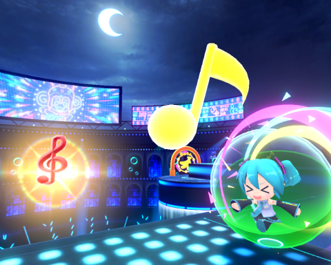 A screenshot from the Hatsune Miku character DLC for Super Monkey Ball Banana Rumble. She is in a ball, collecting music notes instead of bananas. It is night, with a moon visible in the sky.