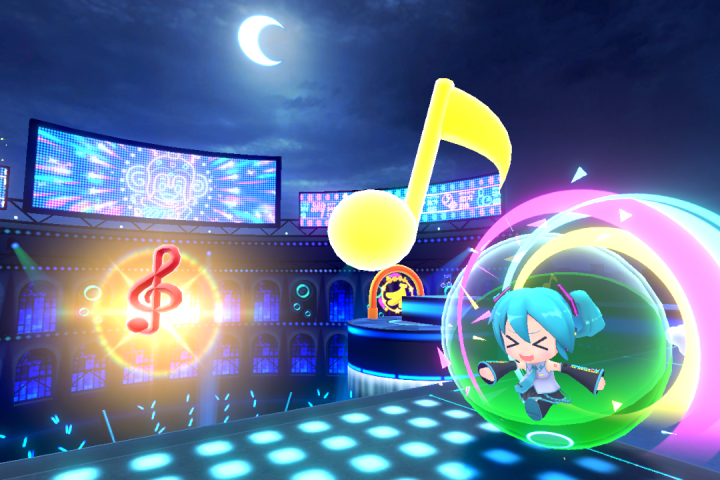 A screenshot from the Hatsune Miku character DLC for Super Monkey Ball Banana Rumble. She is in a ball, collecting music notes instead of bananas. It is night, with a moon visible in the sky.