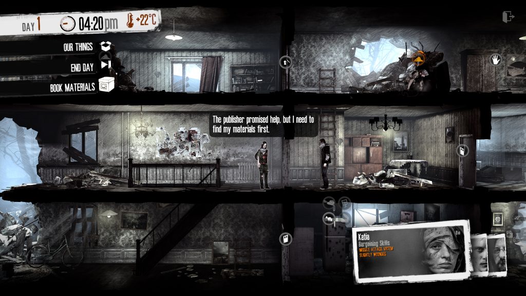 A screenshot from This War of Mine: Forget Celebrations DLC. Day 1. 4:20 p.m. +22℃. Katia, a missile attack victim who is slightly wounded, stands in a shell of a house. She says to someone else, "The publisher promised help but I need to find my materials first."