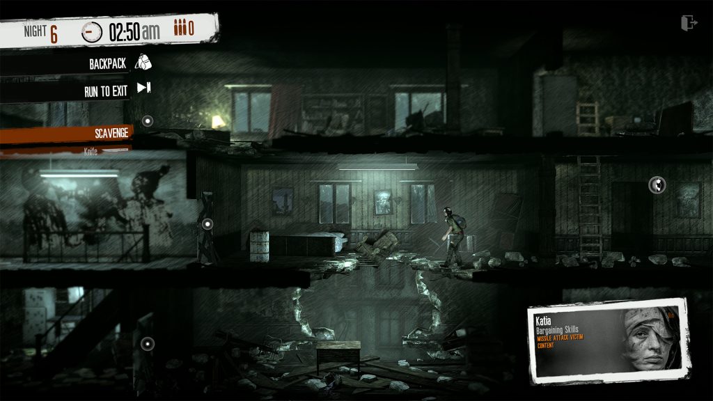 A screenshot from This War of Mine: Forget Celebrations DLC. Night 6. 2:50 a.m. 0 ammunition. Katia is content while scavenging another house.