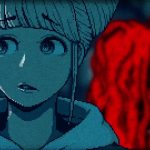 A screenshot from Urban Myth Dissolution Center, taken during its second episode. We see the head and shoulders of a girl with buns, looking spooked. The image is entirely blue... except the red entity behind her, with one wide eye peeping out from behind long hair.