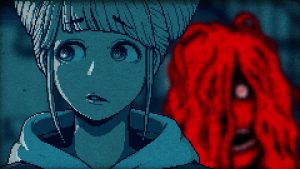 A screenshot from Urban Myth Dissolution Center, taken during its second episode. We see the head and shoulders of a girl with buns, looking spooked. The image is entirely blue... except the red entity behind her, with one wide eye peeping out from behind long hair.