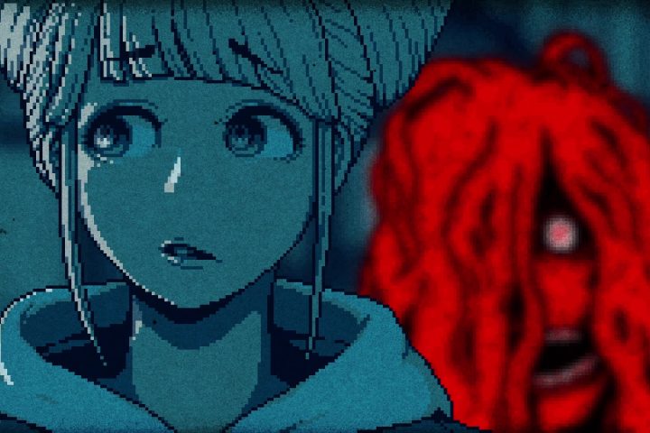 A screenshot from Urban Myth Dissolution Center, taken during its second episode. We see the head and shoulders of a girl with buns, looking spooked. The image is entirely blue... except the red entity behind her, with one wide eye peeping out from behind long hair.