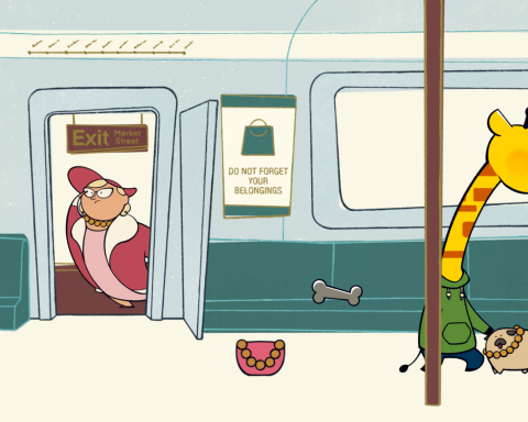 A screenshot from A Week in the Life of Asocial Giraffe. A cartoon giraffe is on a train platform, blushing and petting a small dog. A woman in pink is poking her head out of the train's open door. A pink purse is on the ground outside of the train.