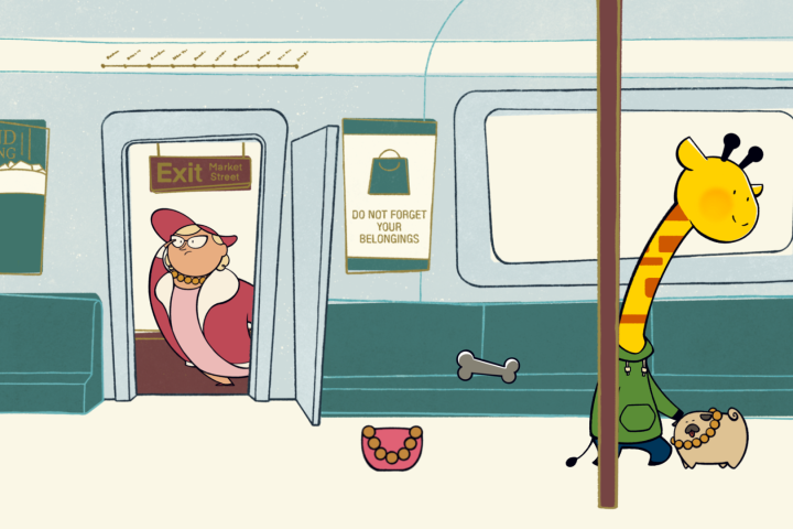 A screenshot from A Week in the Life of Asocial Giraffe. A cartoon giraffe is on a train platform, blushing and petting a small dog. A woman in pink is poking her head out of the train's open door. A pink purse is on the ground outside of the train.