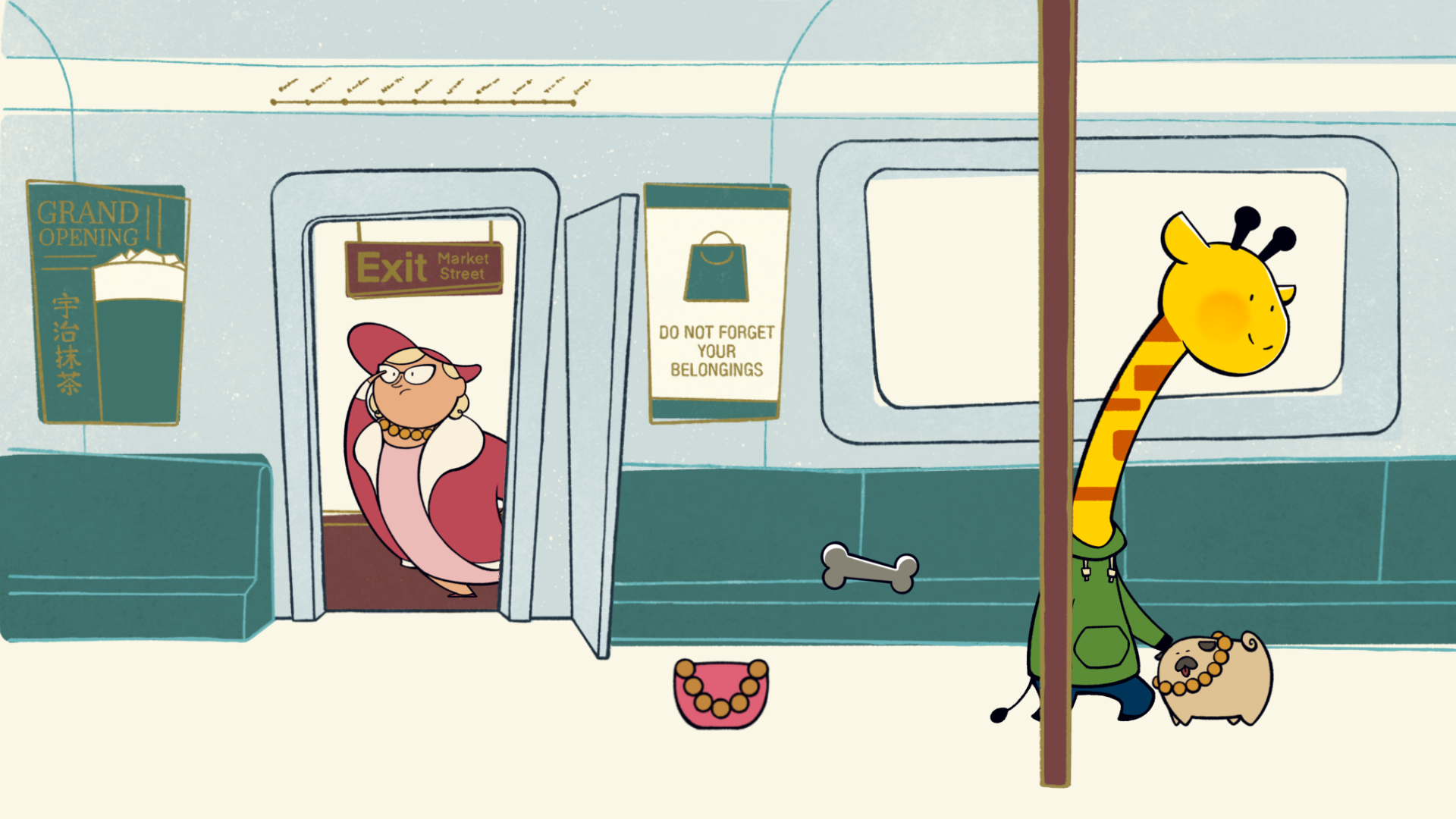 A screenshot from A Week in the Life of Asocial Giraffe. A cartoon giraffe is on a train platform, blushing and petting a small dog. A woman in pink is poking her head out of the train's open door. A pink purse is on the ground outside of the train.