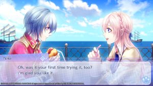 A screenshot of Nike and Lan in Battlefield Waltz, with Nike saying, "Oh, was it your first time trying it, too? I'm glad you like it."