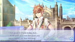 A screenshot of Pash in Battlefield Waltz, saying, "I felt good in there today, but... I think part of it was because you encouraged me this morning."