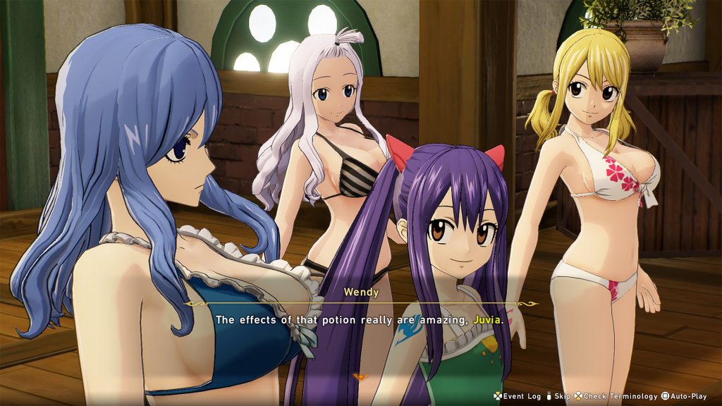 A screenshot of the Fairy Tail 2 characters in their swimsuits (DLC). There are four girls in bikinis, and Wendy is saying, "The effects of that potion really are amazing, Juvia."