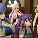 A screenshot of the Fairy Tail 2 characters in their swimsuits (DLC). There are four girls in bikinis, and Wendy is saying, "The effects of that potion really are amazing, Juvia."