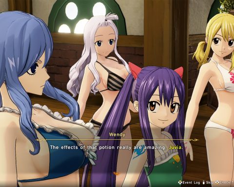 A screenshot of the Fairy Tail 2 characters in their swimsuits (DLC). There are four girls in bikinis, and Wendy is saying, "The effects of that potion really are amazing, Juvia."