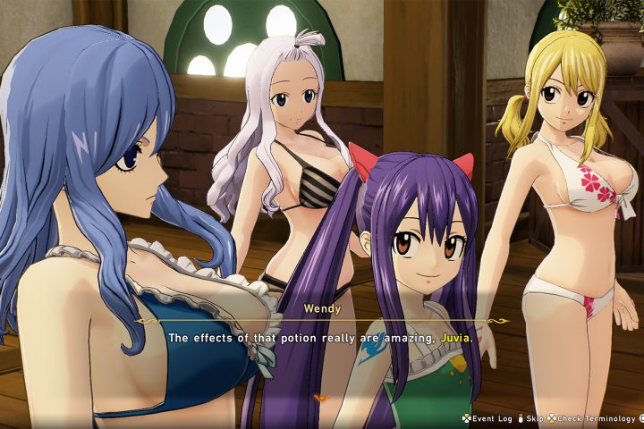 A screenshot of the Fairy Tail 2 characters in their swimsuits (DLC). There are four girls in bikinis, and Wendy is saying, "The effects of that potion really are amazing, Juvia."