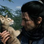 A screenshot from Rise of the Ronin, picturing a ronin cuddling up to a cat.