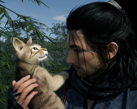 A screenshot from Rise of the Ronin, picturing a ronin cuddling up to a cat.