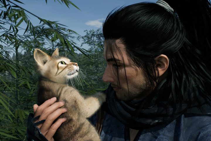 A screenshot from Rise of the Ronin, picturing a ronin cuddling up to a cat.