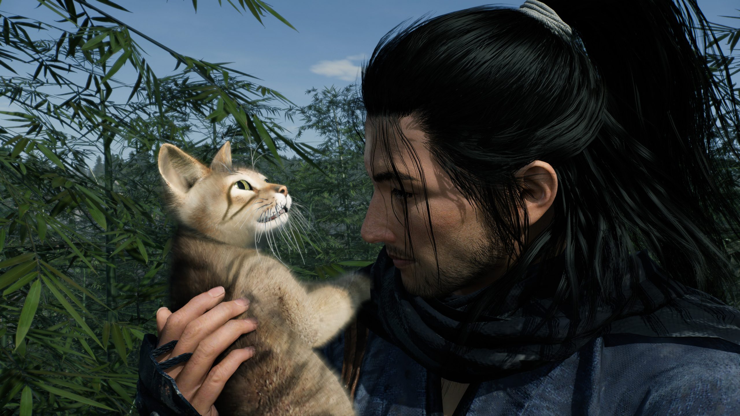 A screenshot from Rise of the Ronin, picturing a ronin cuddling up to a cat.