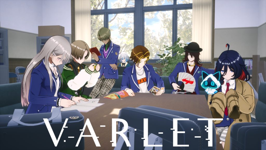 A screenshot of six students around the table in Varlet. The logo is at the bottom centre, in white.