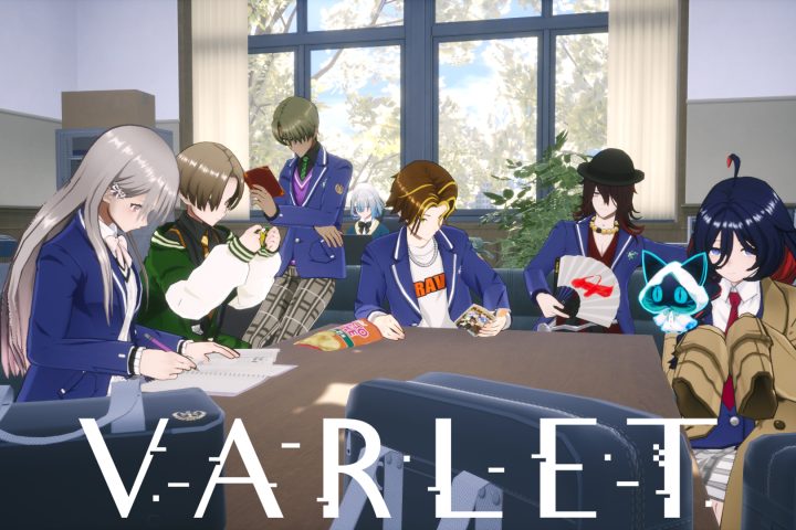 A screenshot of six students around the table in Varlet. The logo is at the bottom centre, in white.