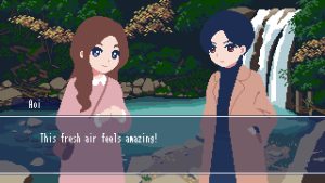 A screenshot from Waiting for Reply. Rendered in pixel art, a boy and a girl are standing in front of a waterfall. Aoi says: "This fresh air feels amazing!"