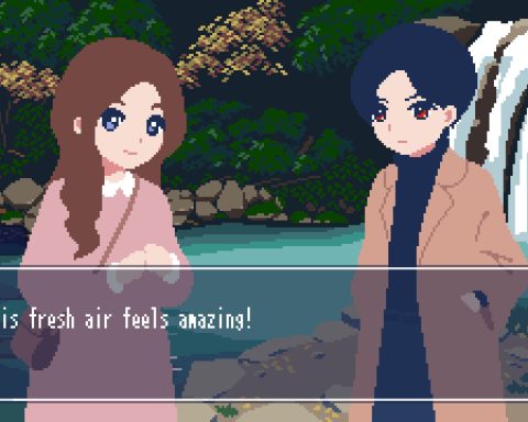 A screenshot from Waiting for Reply. Rendered in pixel art, a boy and a girl are standing in front of a waterfall. Aoi says: "This fresh air feels amazing!"